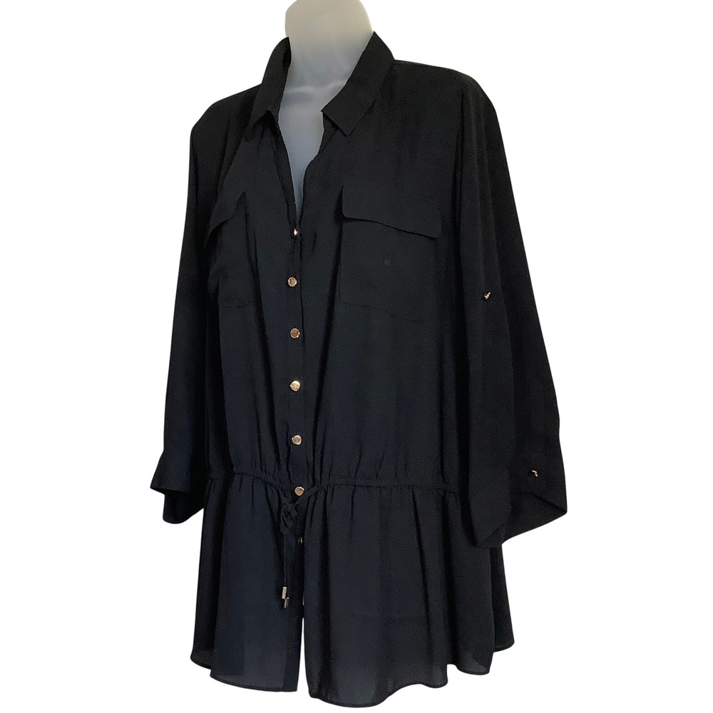 Lane Bryant Womens Black Chiffon Drawstring Waist Tunic Top Gold Buttons 22/24 - Picture 2 of 9